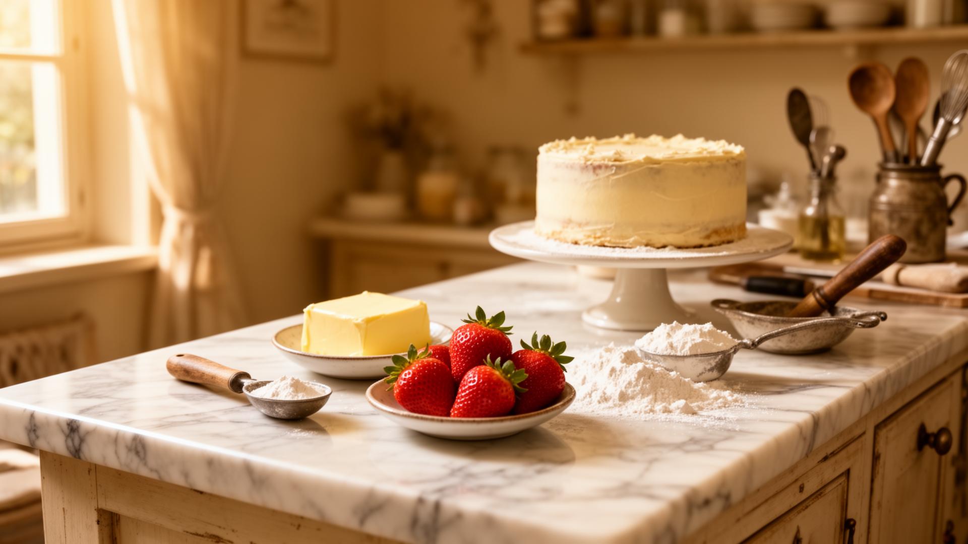 Bancada de mármore com bolo finalizado, frutas frescas e utensílios artesanais