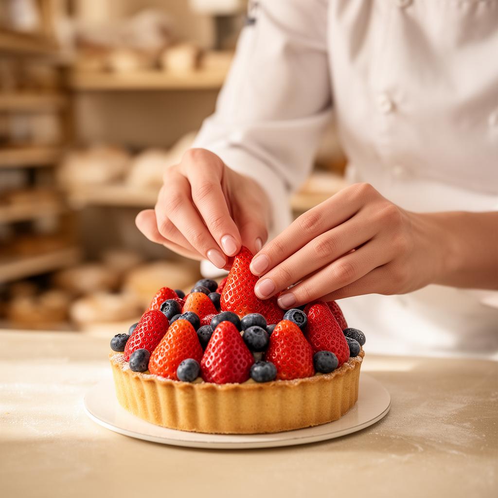 Confeiteira finalizando uma torta artesanal de frutas vermelhas